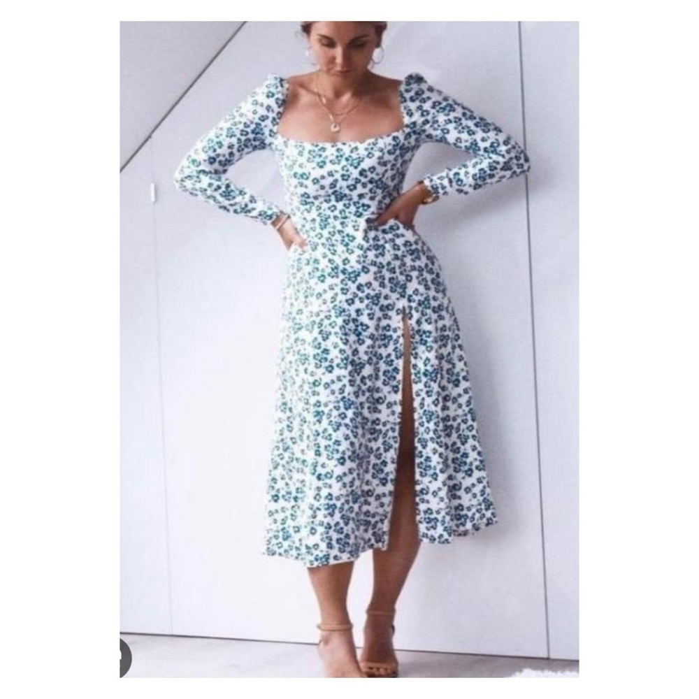 REFORMATION Sigmund Milonesa Blue White Floral Long Sleeve Slit Midi Dress Sz 24 - Picture 11 of 15